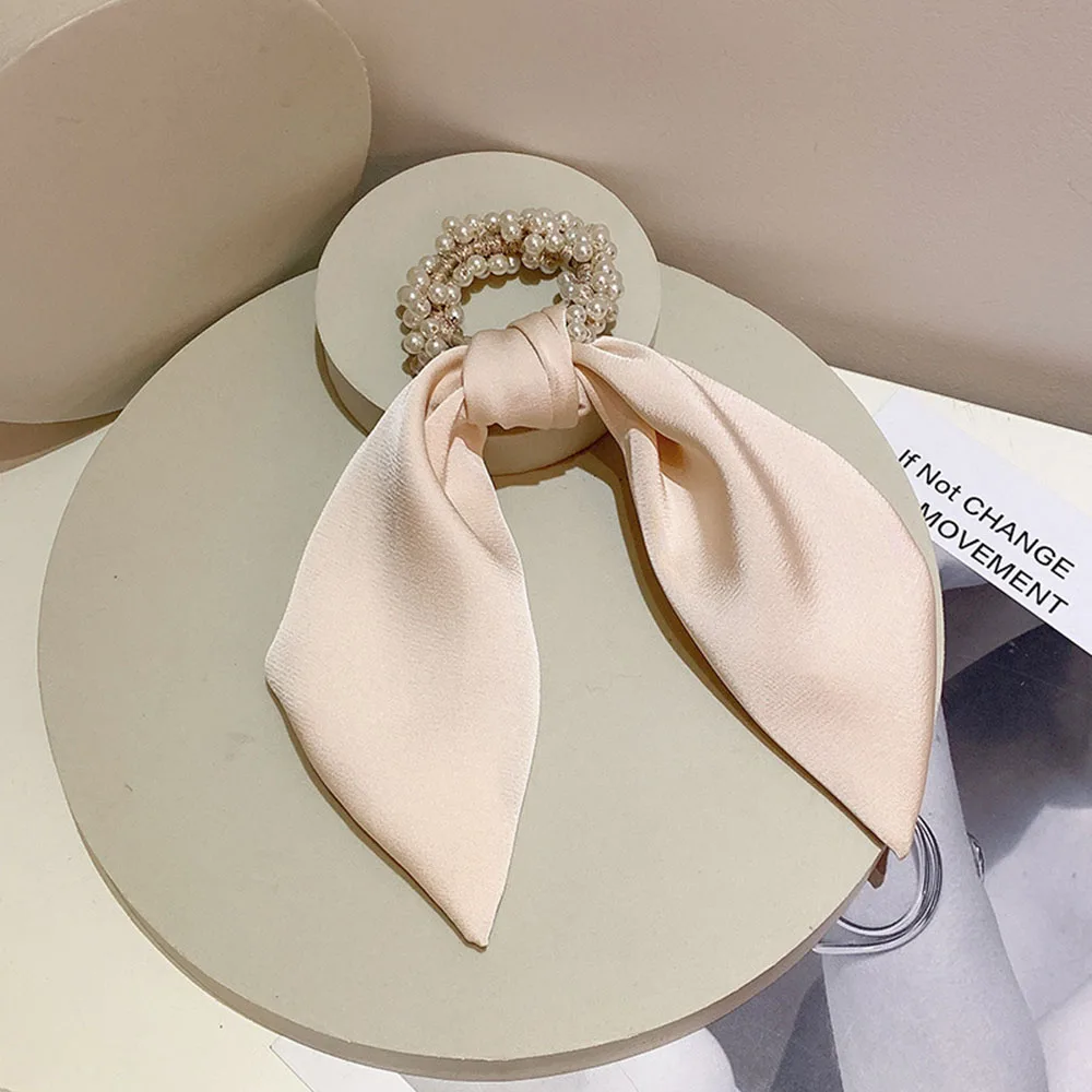 

2021 Women Satin Bowknot Hair Scrunchies New Pearl Ponytail Holder Hair Tie Hair Rope Rubber Bands Headwear Hair Accessories