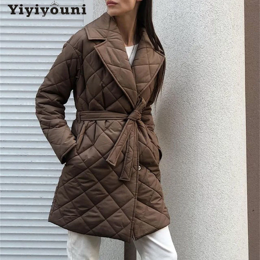 

Зимнее теплое пальто средней длины Yiyiyouni с узором ромбиками, женские элегантные приталенные парки с поясом и хлопковой подкладкой, женские ...