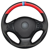 non slip durable black red natural leather black suede car steering wheel cover for bmw f30 316i 320i 328i