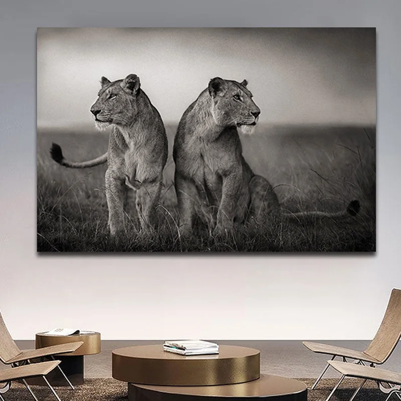 Плакат с африканскими двумя львами рисунок на холсте изображением дикой свободы