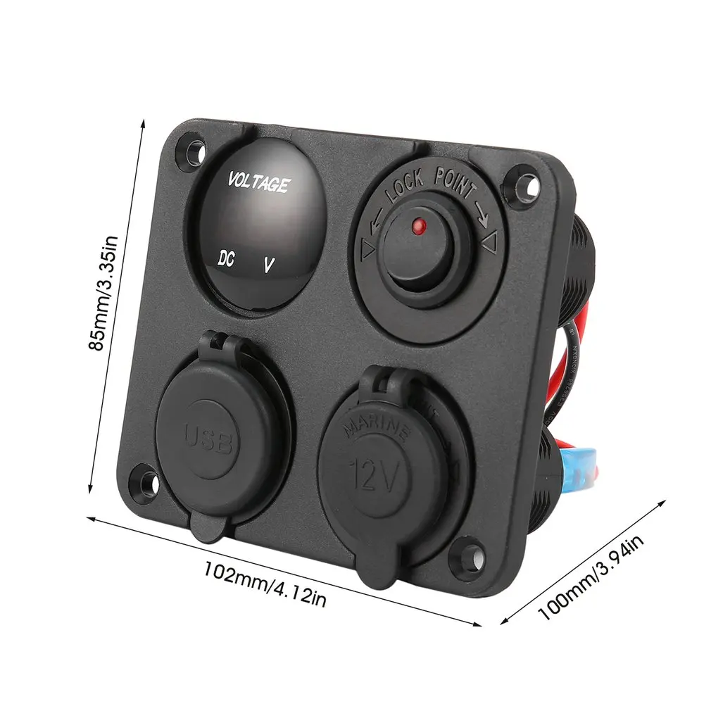 

Dual USB Ports Car Charger with LED Voltmeter + 12-24V Power Socket + On-Off Switch 4 in 1 Car Marine Boat LED Switch Panel