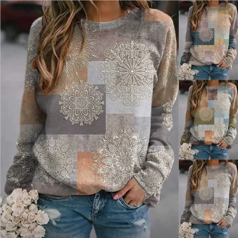 

Autumn Winter Pullovers Women Vintage Sweatshirt Casual Long Sleeve Top Round Neck Printed Patchwork Loose T-Shirt Pullover 2021