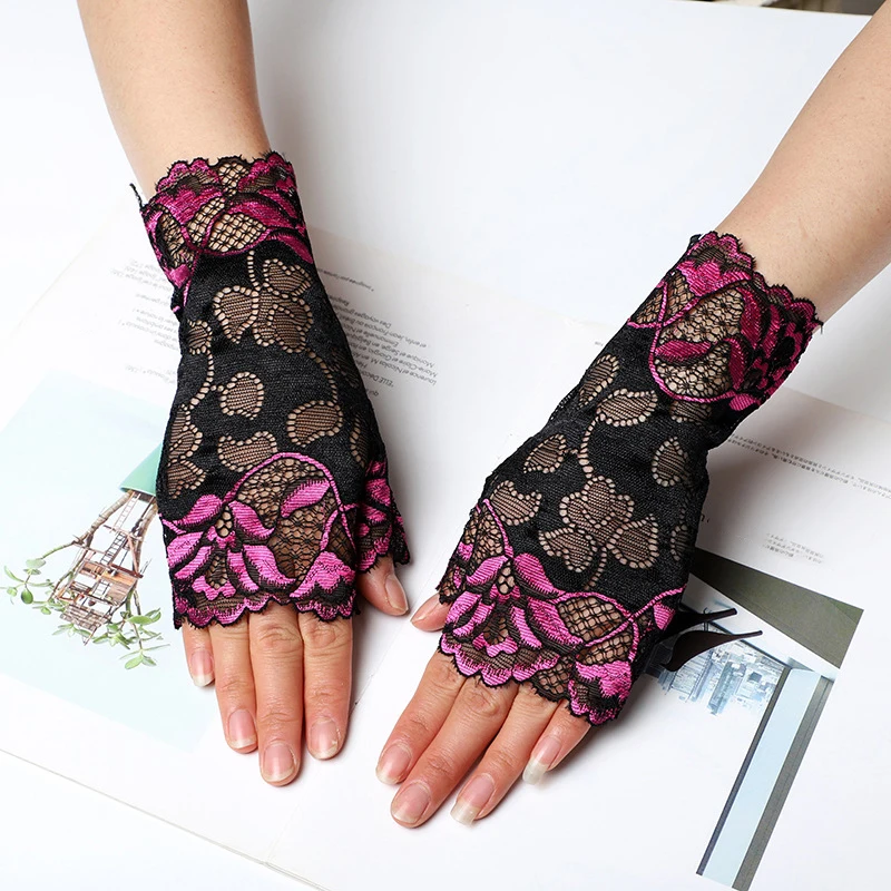 

Women Summer Thin Sunscreen Fingerless Gloves Hollow Jacquard Floral Lace Contrast Color Dance Party Driving Riding Mittens