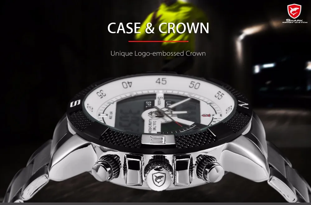 Акула спортивные часы Dual Time Цифровые стали Porbeagle Календарь Будильник Секундомер Мужские кварцевые наручные часы/SH046/047