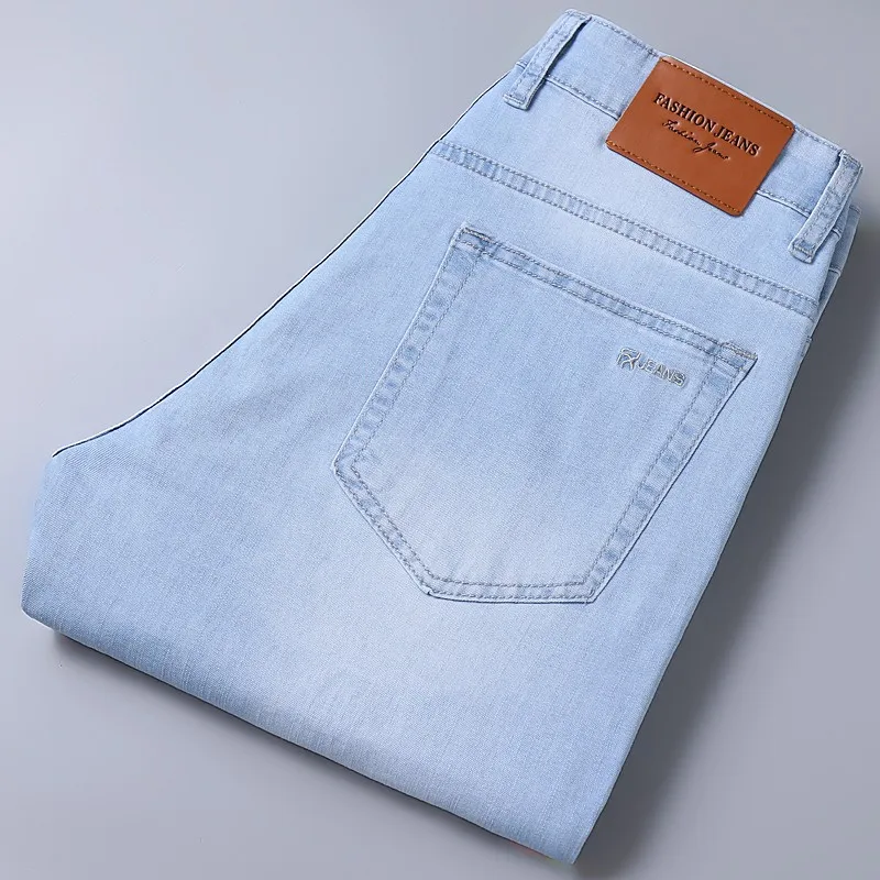 2022 Spring Summer  Thin Jeans Classic Style Fashion Stretch Slim-fit Denim Trousers Male Brand Pantnew Men's Washed Light Blue