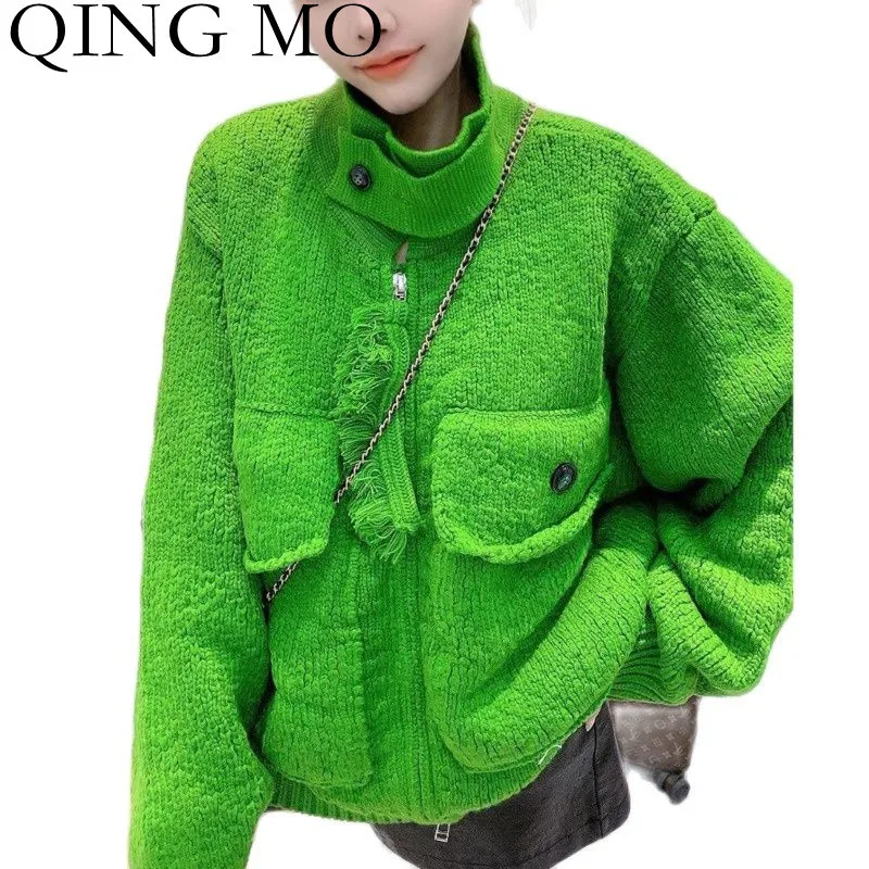 

QING MO Autumn Winter Solid Color High Neck Thick Sweater Coat Women 2021 New Loose Zipper Cardigan Knitted Female Coat ZWL1048
