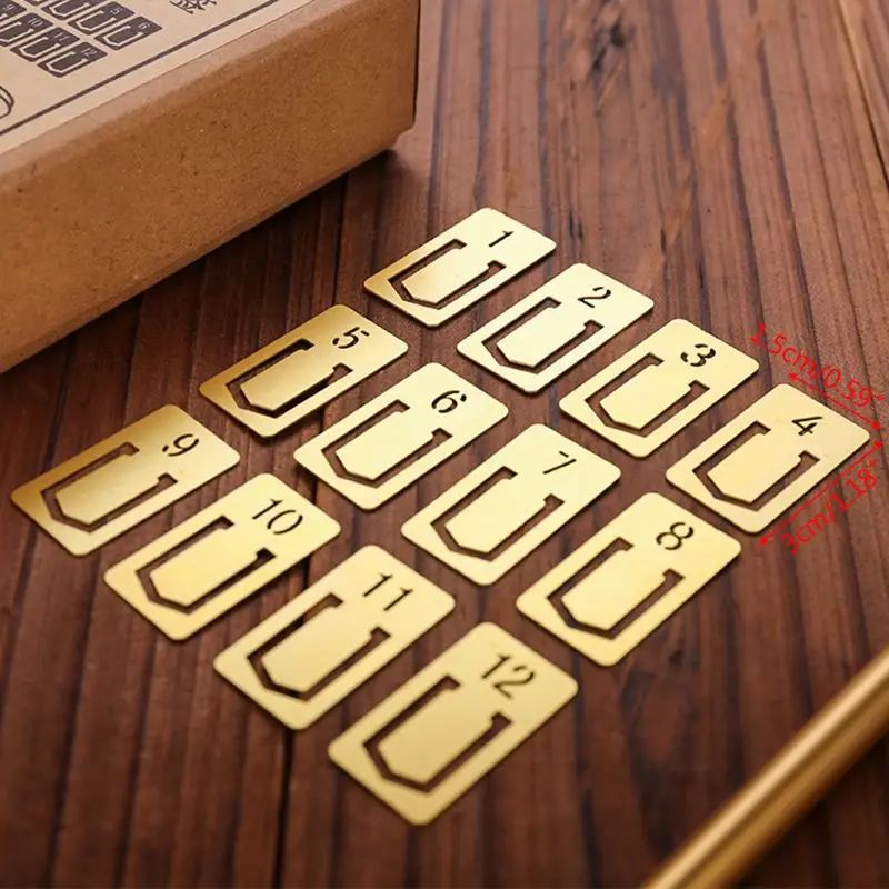 12Pcs Brass Bookmarks Number Metal Index Clamp Line Book Marker Stationery School Supplies Gift | Канцтовары для офиса и дома