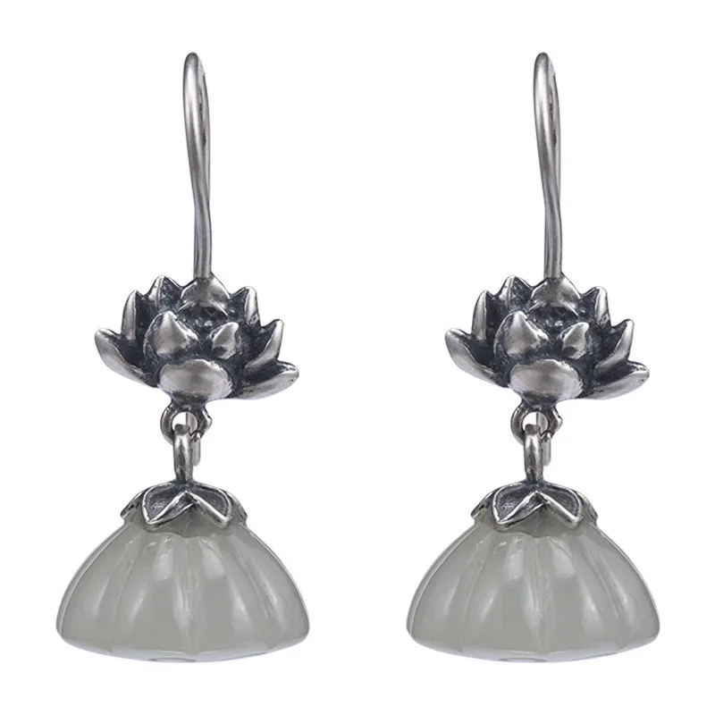

Bastiee Vintage Silver 925 Jewelry Jade Drop Earrings For Women Lotus Flower Seedpod Earing Jewelery Hanfu Accessories