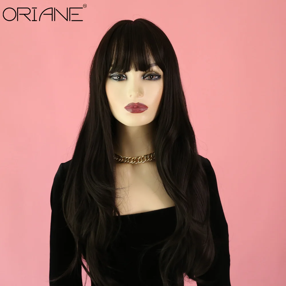 

ORIANE Natural Black Synthetic Wigs For Women With Bangs Long Wavy High Temperature Wigs Daily Lolita Soft Hair Cosplay Wigs