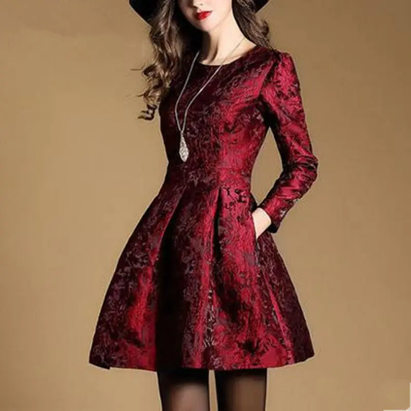 

2022 New Autumn Long Sleeve Jacquard Dress Work Casual Party Slim O-neck Printing Dresses Women A-line Vintage Vestidos Spring