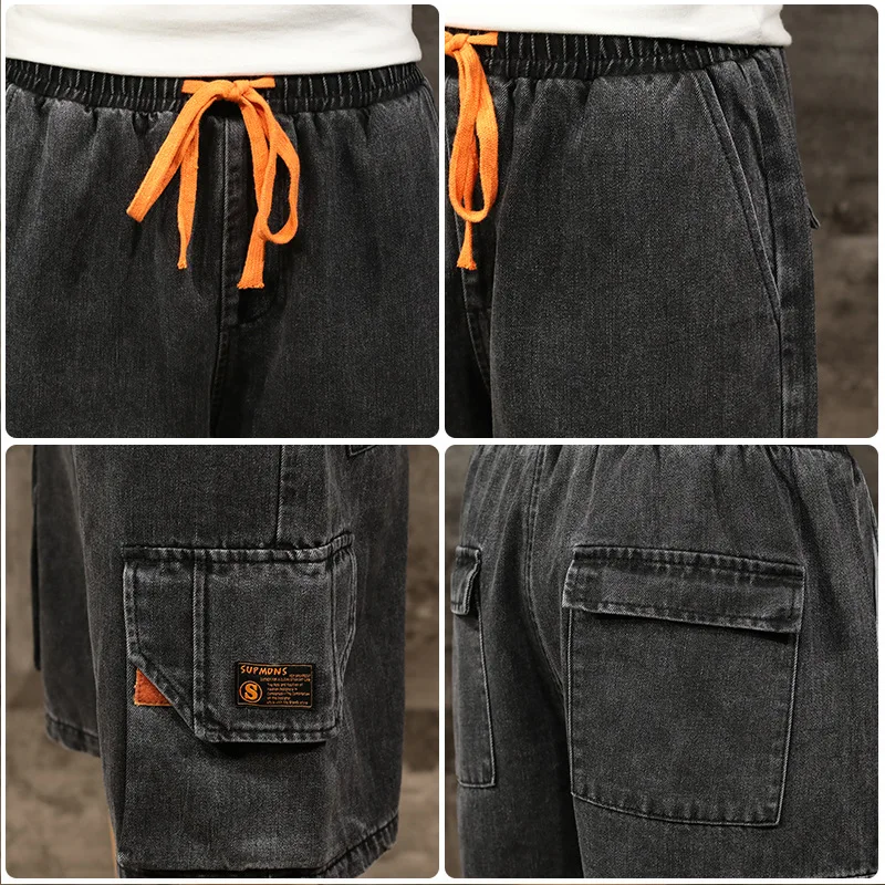 

Summer new work clothes jeans men's trend Multi Pocket Shorts loose straight leg knee length pants men's
