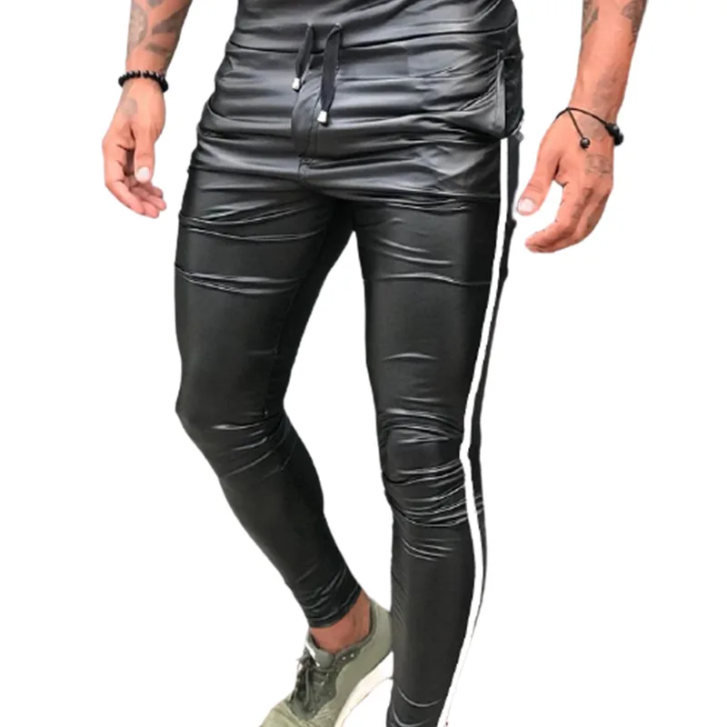 

2021Men's Leather Motorcycle Pants European and American Slim Lace-up Pants Side Stripes Casual Skinny Leather Pants