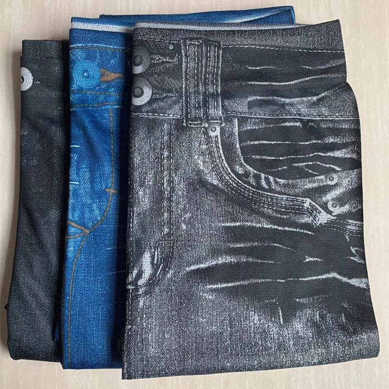 

FAKUNTN Seamless Leggings Women Haigh Waist Faux Jeans Pocket Outsize Leggings Printed Polyester Cropped Sculpting Tight Pants