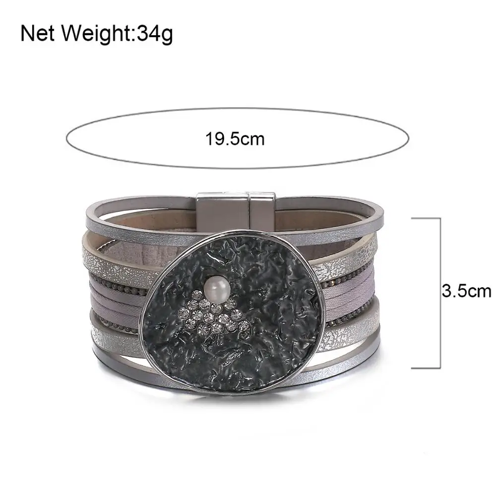 

ALLYES Multi Layer Leather Bracelet for Women Pearl Rhinestone Black Enamel Charm Bracelets Bangles Unisex Jewelry