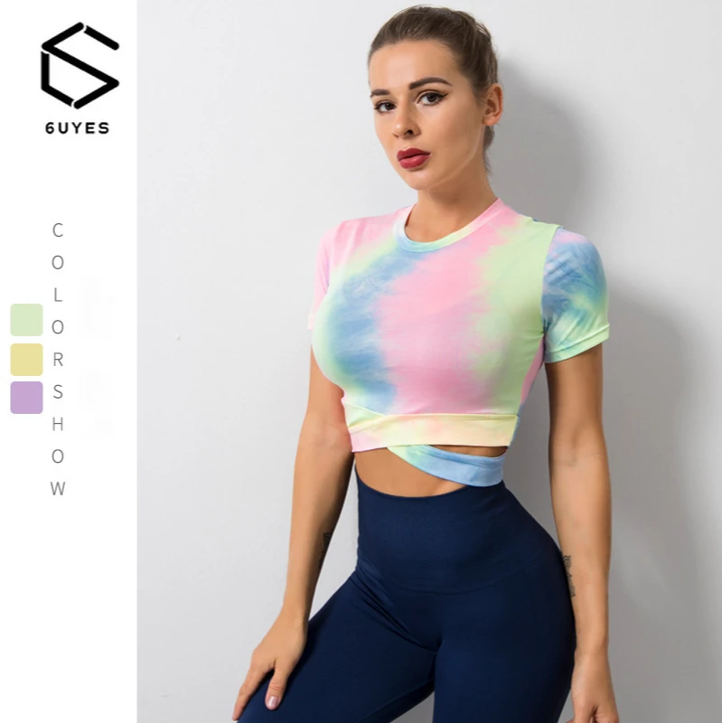 

Summer large women's Yoga suit Fitness top open navel tie dyed short sleeve sports T-shirt workout top yoga tops women gym top