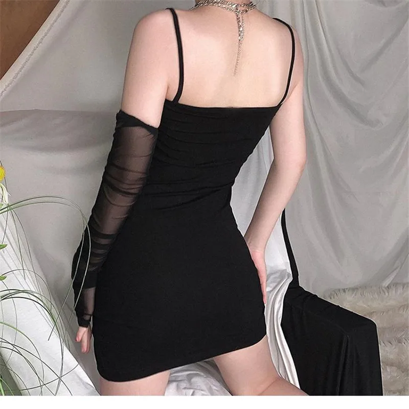 

Mini Mini Dresses Ladies Elegant Black Dress Party Summer Patchwork Lace Sexy Bodycon Dress Y2K Sleeveless Strappy Dress 2021