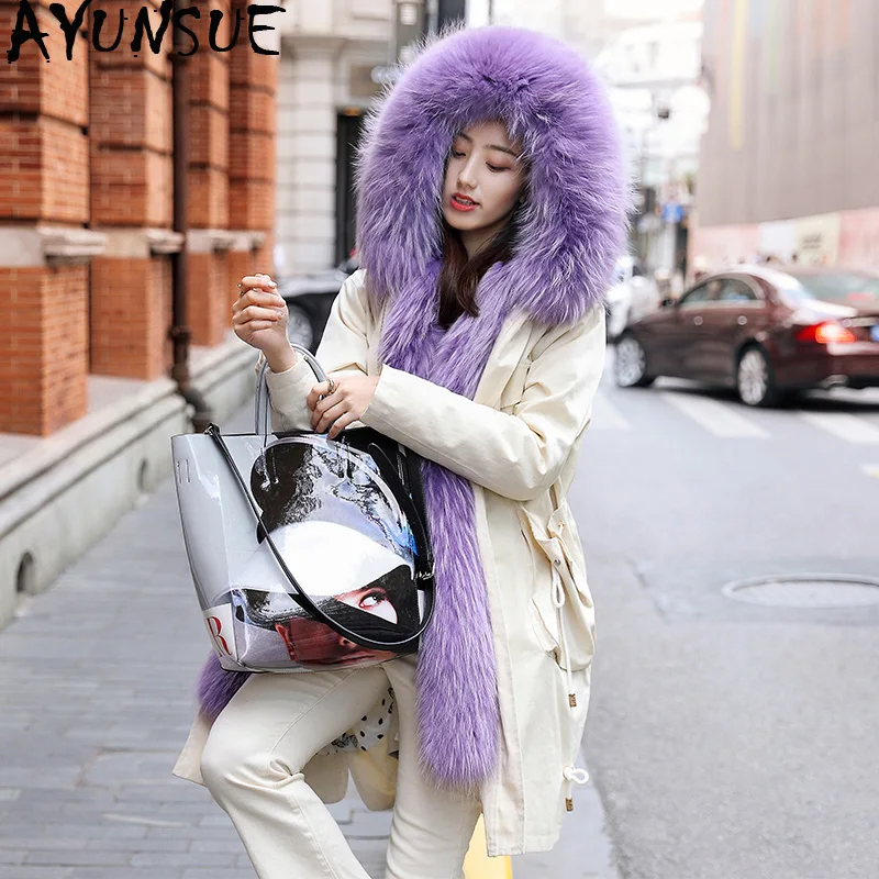 

AYUNSUE Real Fur Coat Female Natural Raccoon Fur Collar Down Jacket Woman Hooded Winter Jacket Women Korean Long Jackets MY3927