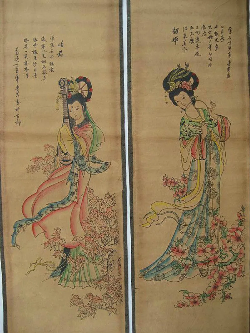 Старые китайские иероглифы каллиграфия чернила и цветные длинные свитки картины