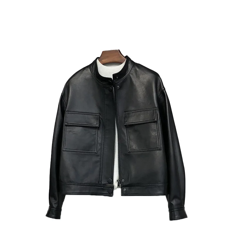 Женская кожаная куртка haining короткая с воротником из овечьей кожи на весну и