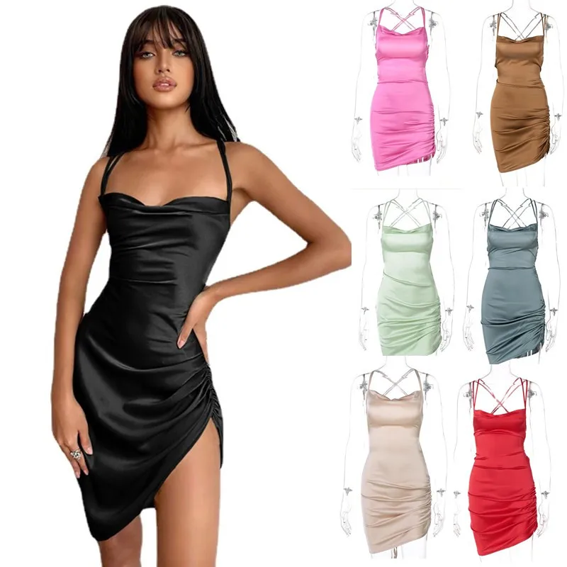 

Woman Sexy Dress Erotic Porno Mini Dress Satin Ruched Lace Up Cross Bandage Backless Bodycon Hot Sexy Party Clubwear Night Dress