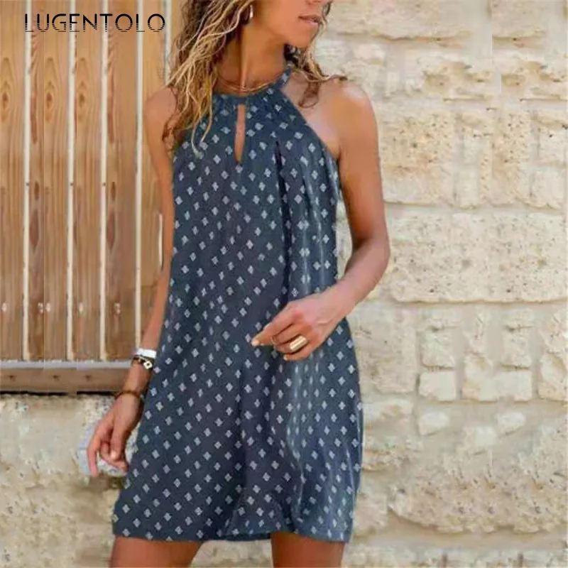 

Lugentolo Sexy Dress Women Casual Summer Large Size Sleeveless Thin Female Halter Loose Print Street Short Dress