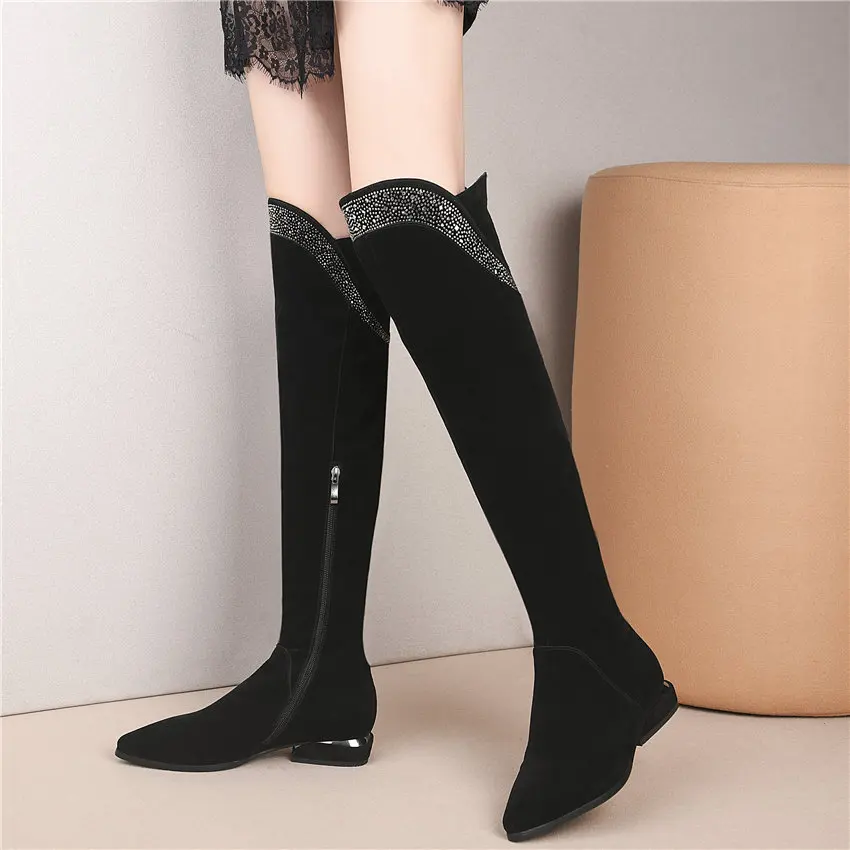 Women Black Genuine Leather Pointed Toe Straight Over The Knee High Boots Low Heel Winter Warm Rivets Studs Oxfords Casual Shoes