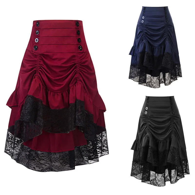 

2021 Ladies Fashion Retro Gothic Skirt Victorian Renaissance Lace Stitching Irregular Skirt High Waist Steampunk Women's Skirt