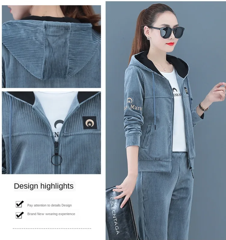 

YICIYA Corduroy Fleece Fashion Suit Women's New Korean Spring And Autumn Velvet Sportswear Casual Sweater Slimming Three-piece