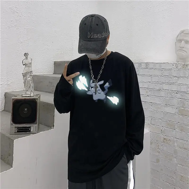 LongSleeves-Black 19s Горячая Светоотражающая Kawaii с животным принтом Harajuku рубашка для мужчин женщин мода негабаритных короткий/длинный рукав Пара Одежда Лучший подарок - Цвет: LongSleeves-Black
