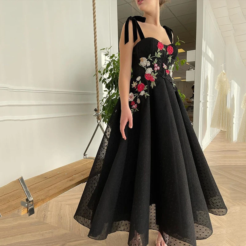 

UZN Black Long Prom Dress Sweetheart Detachable Straps Floral Lace Appliques Celebrate Dress A-Line Draped Arab Evening Dress