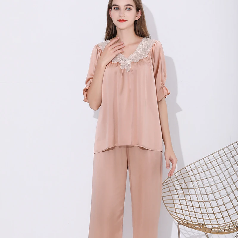 Maison Gabrielle 100% Mulberry Silk Lace-Trimmed Pajamas Set Short-Sleeve 2-Piece Set Loungewear For Women