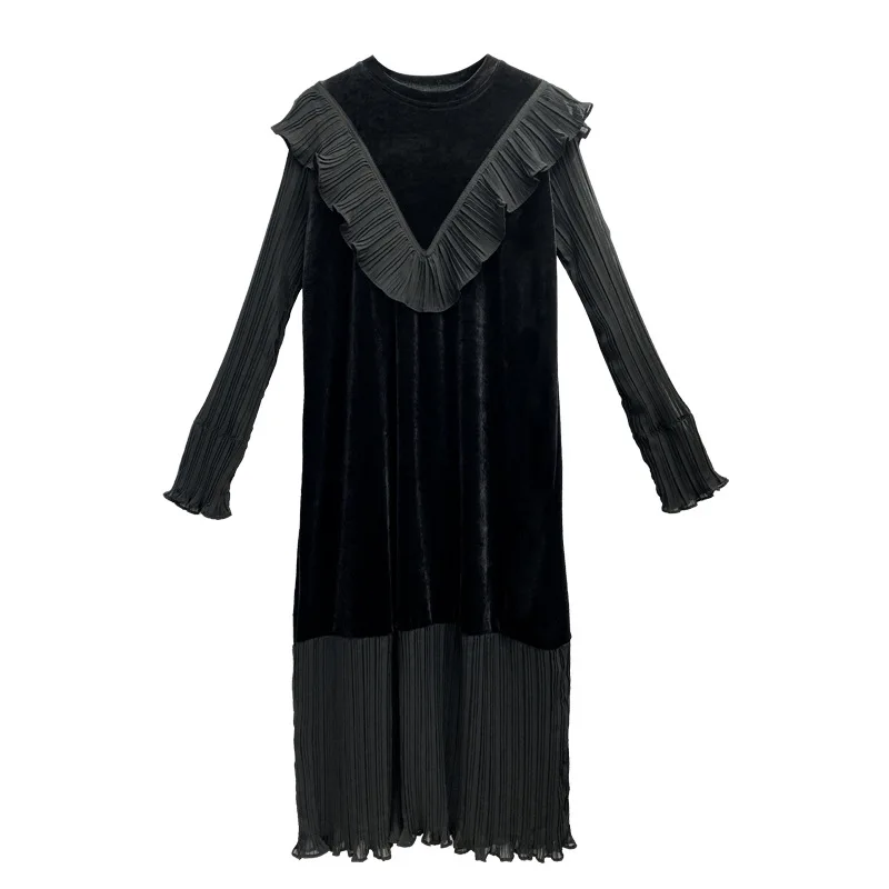 Осеннее Плиссированное шифоновое платье в стиле пэчворк с оборками черное