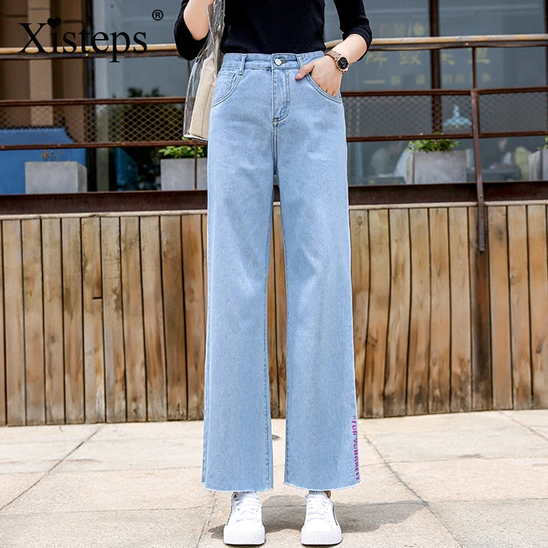 Xisteps 2020 New Arrival Women Autumn High Waist No Stretch Loose Jeans Girl Fall Wide Leg Straight Long Trousers Plus Size