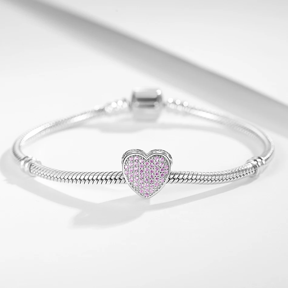 925 Sterling Silver Pink Crystal Heart Beads Charm Fit Original Bracelets Bangles DIY Personalized Custom Photo Wedding Jewelry | Украшения
