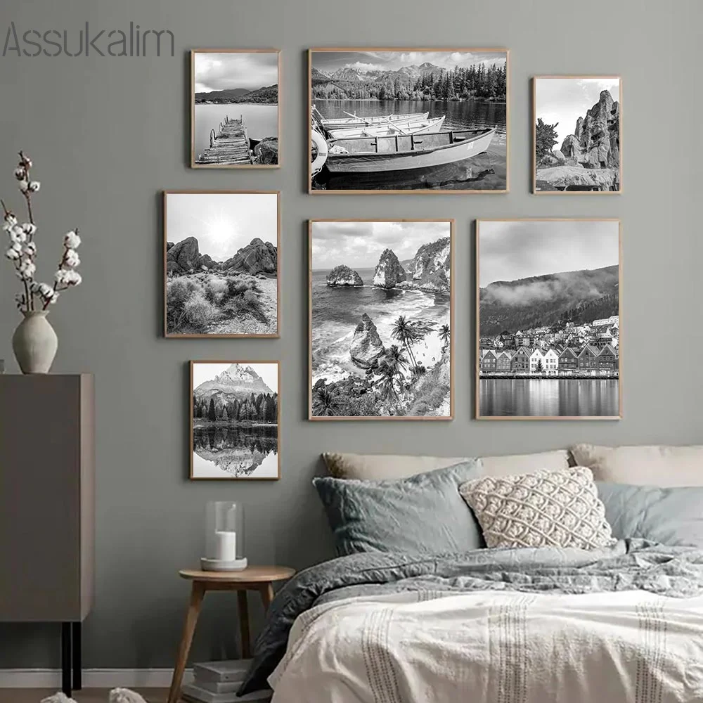 

Черно-белый пейзаж, постер, гора, река, холст, живопись лодка стену, Художественная печать, скандинавский декор для спальни, картины на заказ
