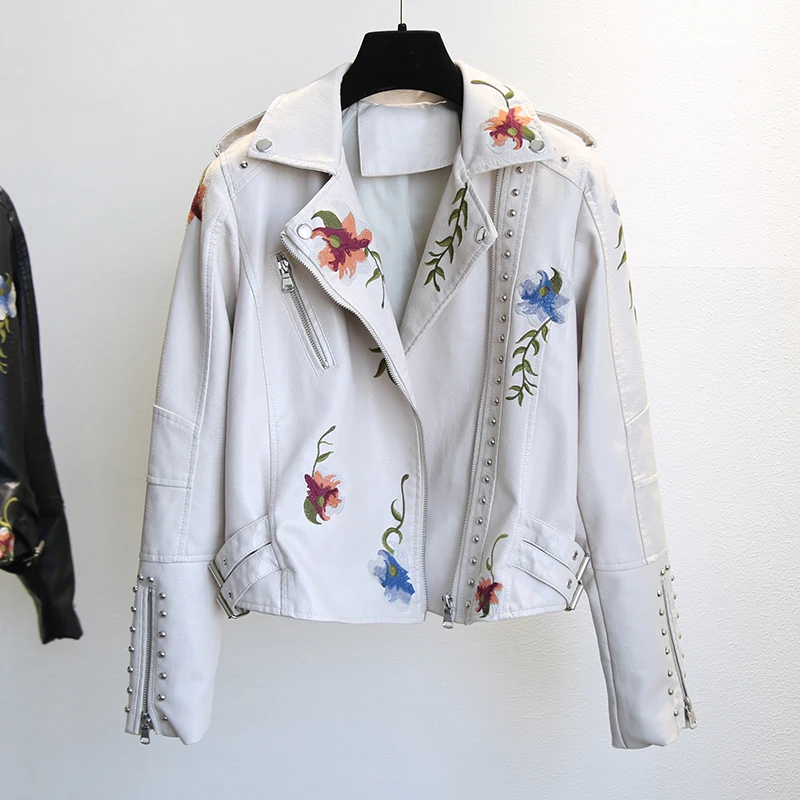 

YIZZHOY Spring Autumn Floral Print Embroidery Faux Leather Jacket Women High Street Motorcycle Black Punk Outerwear Biker Jacket