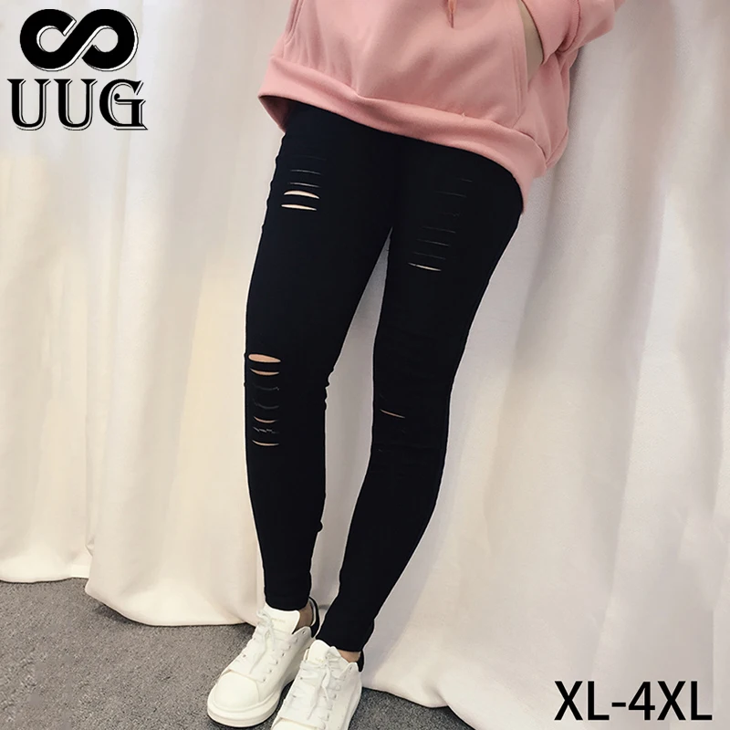 UUG 3xl 4xl женские брюки рваные черные узкие карандаш с дырками большие размеры