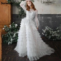 sevintage white dotted tulle prom dresses lace appliques a line ruffles evening dress full sleeves with bows party dress
