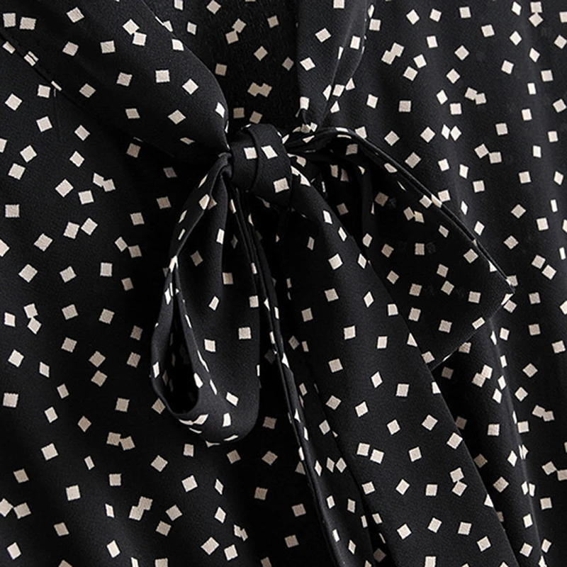 

HiloRill Vintage Bow Tie Collar Print Dress Women Long Sleeve Ruffle Midi Dress Elastic Waist Chic Casual Black Dresses 2021