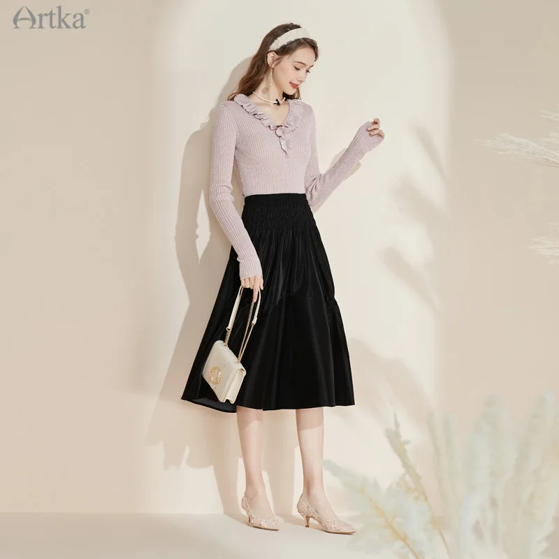 Женский шерстяной свитер с оборками ARTKA Фиолетовый Элегантный Мягкий