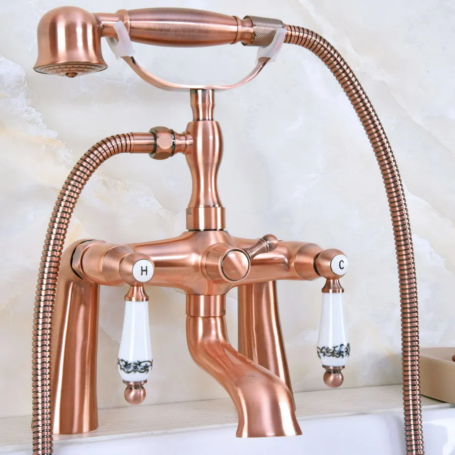 

Античный, красный, медный, латунный, 2 керамических рычага, для ванной комнаты, два отверстия, кран для ванны, смеситель с ручным душем, ana175