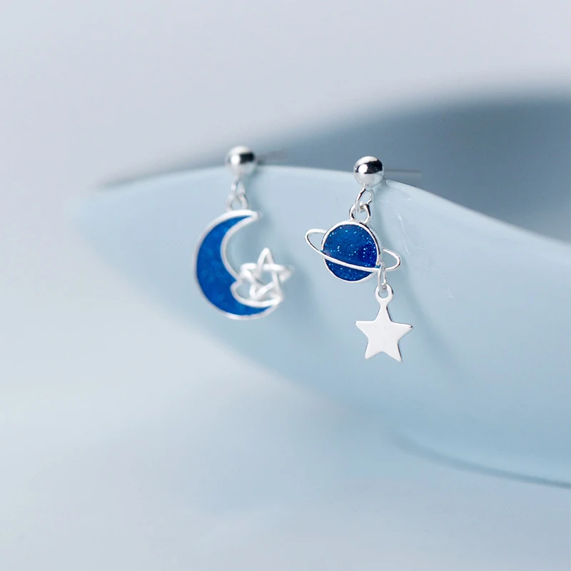 Trusta 925 пробы Серьги серебристого цвета; бижутерия, маленькие голубые серьги-гвоздики со звездами и луной, подарок на день рождения для девочек-подростков DS1313
