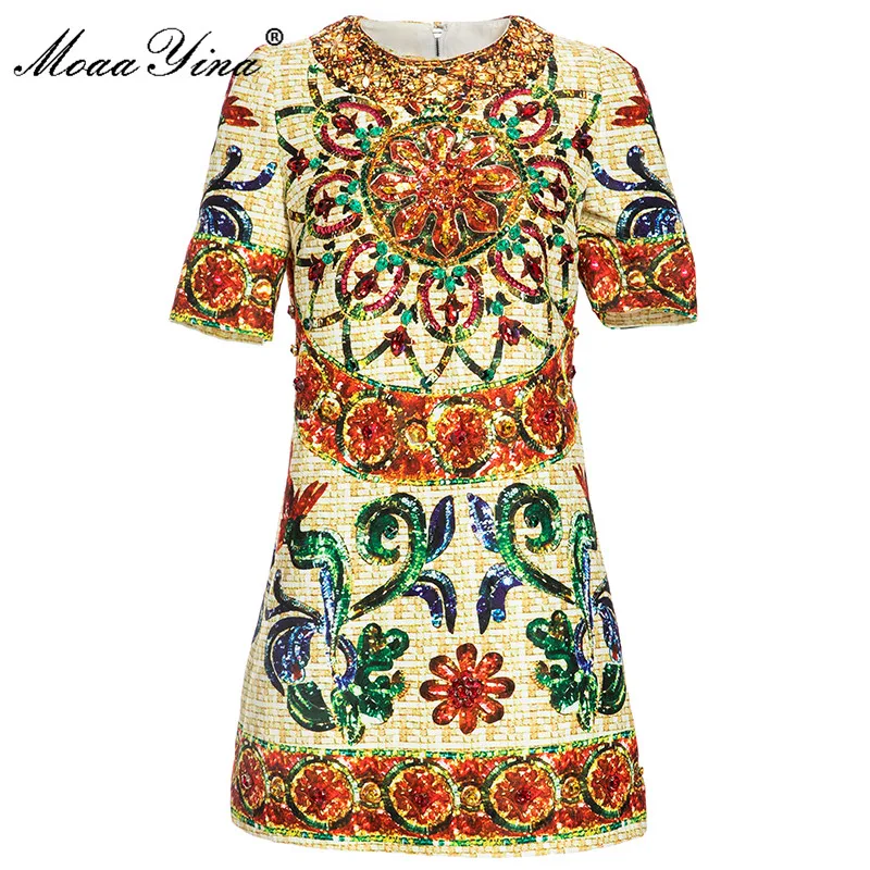 

MoaaYina модное дизайнерское летнее вечернее мини женское платье с коротким рукавом, Роскошное винтажное короткое платье с кристаллами и бисер...