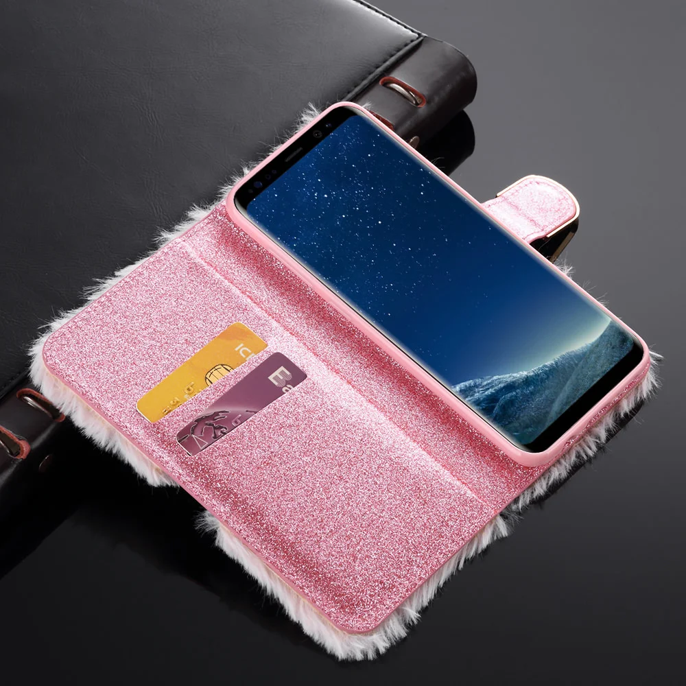 LLZ.COQUE Роскошный чехол-портмоне с откидной крышкой и функцией подставки чехол для телефона для samsung J3 J4 J6 J7 J8 A5 A6 A7 A8 Магнитная с Плюшевым Мехом на застежке чехол Coque