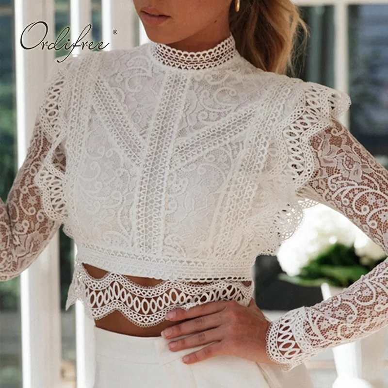 Ordifree 2021 Summer Women White Lace Blouse Short Sexy Tops Long Sleeve Ruffle Shirt | Женская одежда