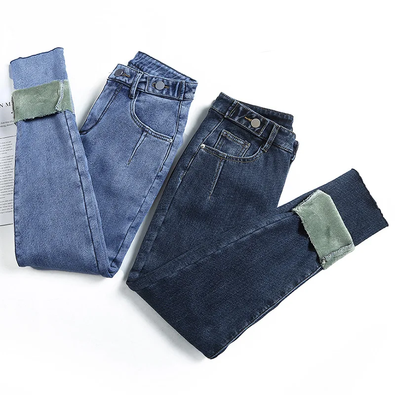 

Женские джинсы с высокой талией, флисовые Стрейчевые облегающие плотные джинсовые брюки для женщин, Зимние Синие эластичные теплые облегаю...