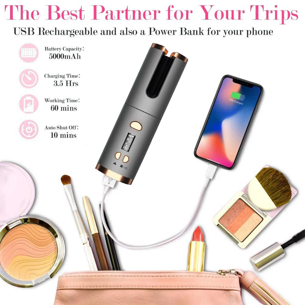 

Cordless Automatic Hair Curler Iron LCD Curling Iron Automatic Hair Curler USB Rechargeable Ceramic Hair Curler Curling Waves