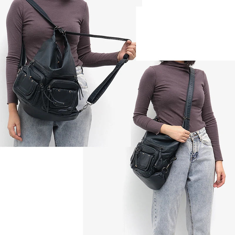 

Large Washed PU Leather Backpack For Women Multi Pockets Functional School Shoulder Bag Girl Casual Soft Travel Knapsack