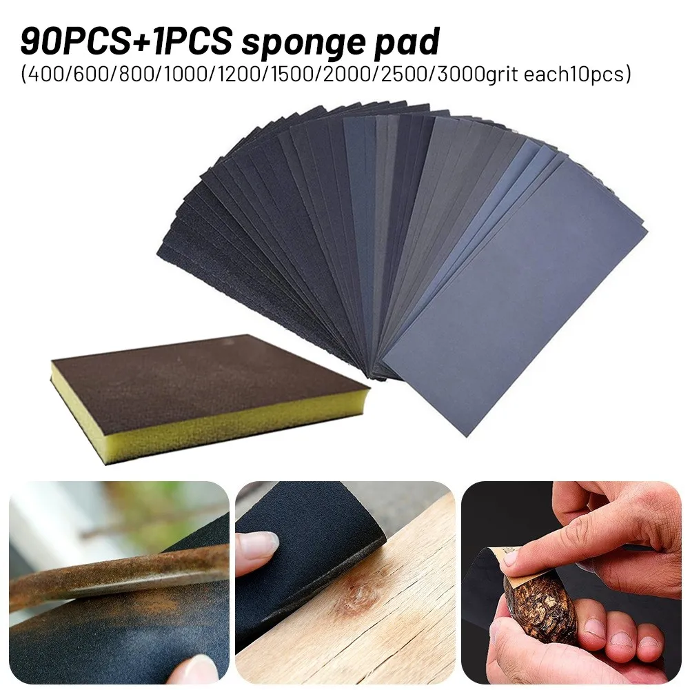 

90Pcs Sandpaper 9*3.6inch DryWet Waterproof Sandpaper 400-3000grit+pcs Sponge Pad