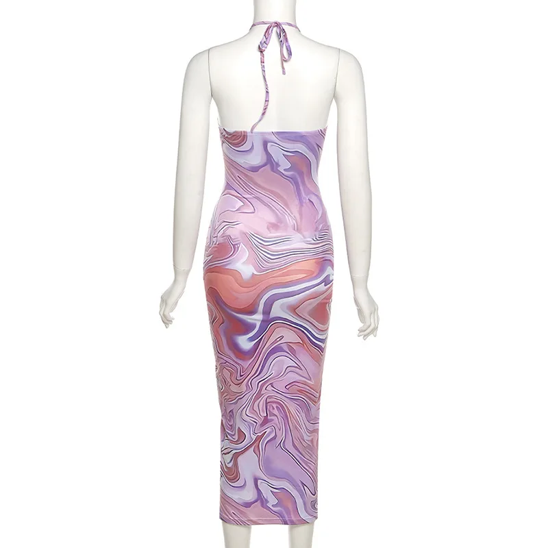

Swirl Print Summer Cut Out Halter Bandage Sexy Ruched Midi Dress Sleeveless Backless Elegant Dresses Club Party